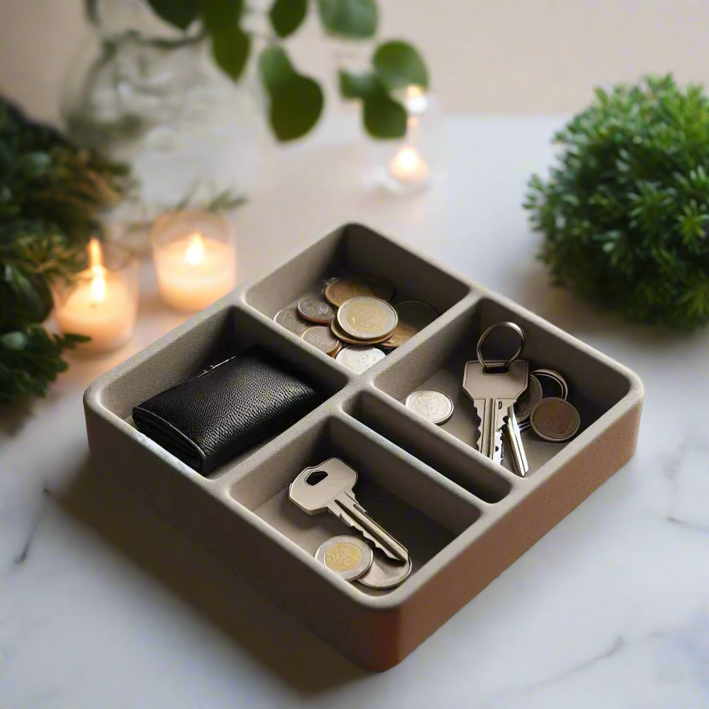 🗝️ Modern Key & Coin Tray – 4-Section Square Organizer for Everyday Essentials 3D Printed In Multiple Color Options 🪙 🔑