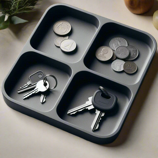 🗝️✨ Modern Square Key Tray with 4 Pockets – Stylish Organizer 3D Printed In Multiple Color Options