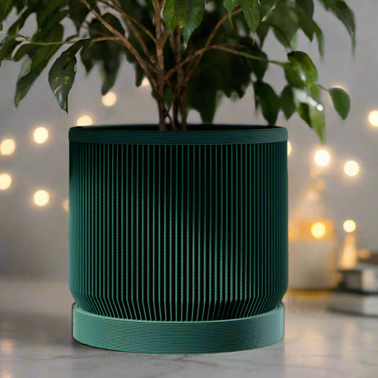 🌿 Mid-Century Modern Ribbed Planter with Drip Tray – Style Meets Function in Bold, Modern Design 3D Printed In Multiple Color Options